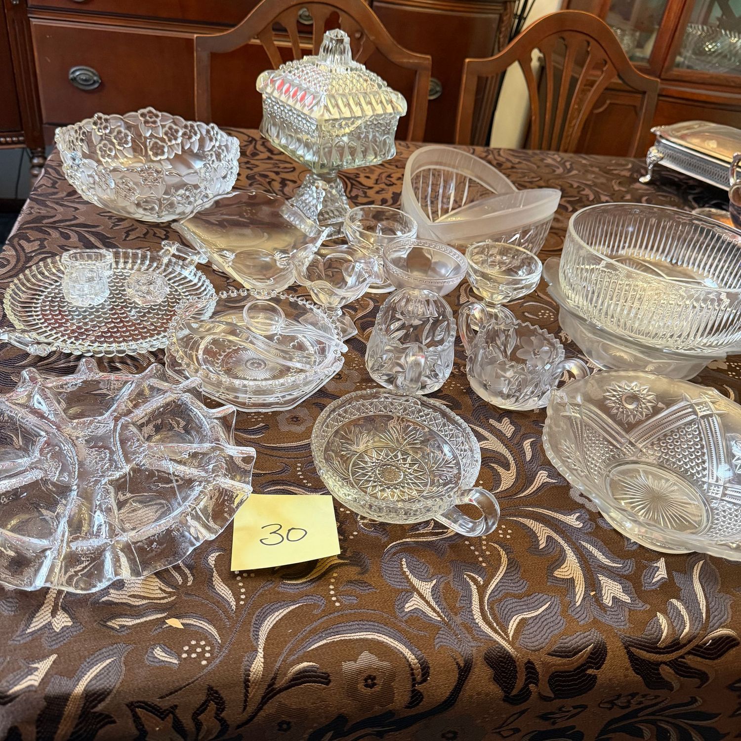 Box Lot (Wrapped) 30, pressed & crystal glass bowls, compote, sugar & creamer, Muurla tealight dish Box Lot (Wrapped) 30, pressed & crystal glass bowls, compote, sugar & creamer, Muurla tealight dish