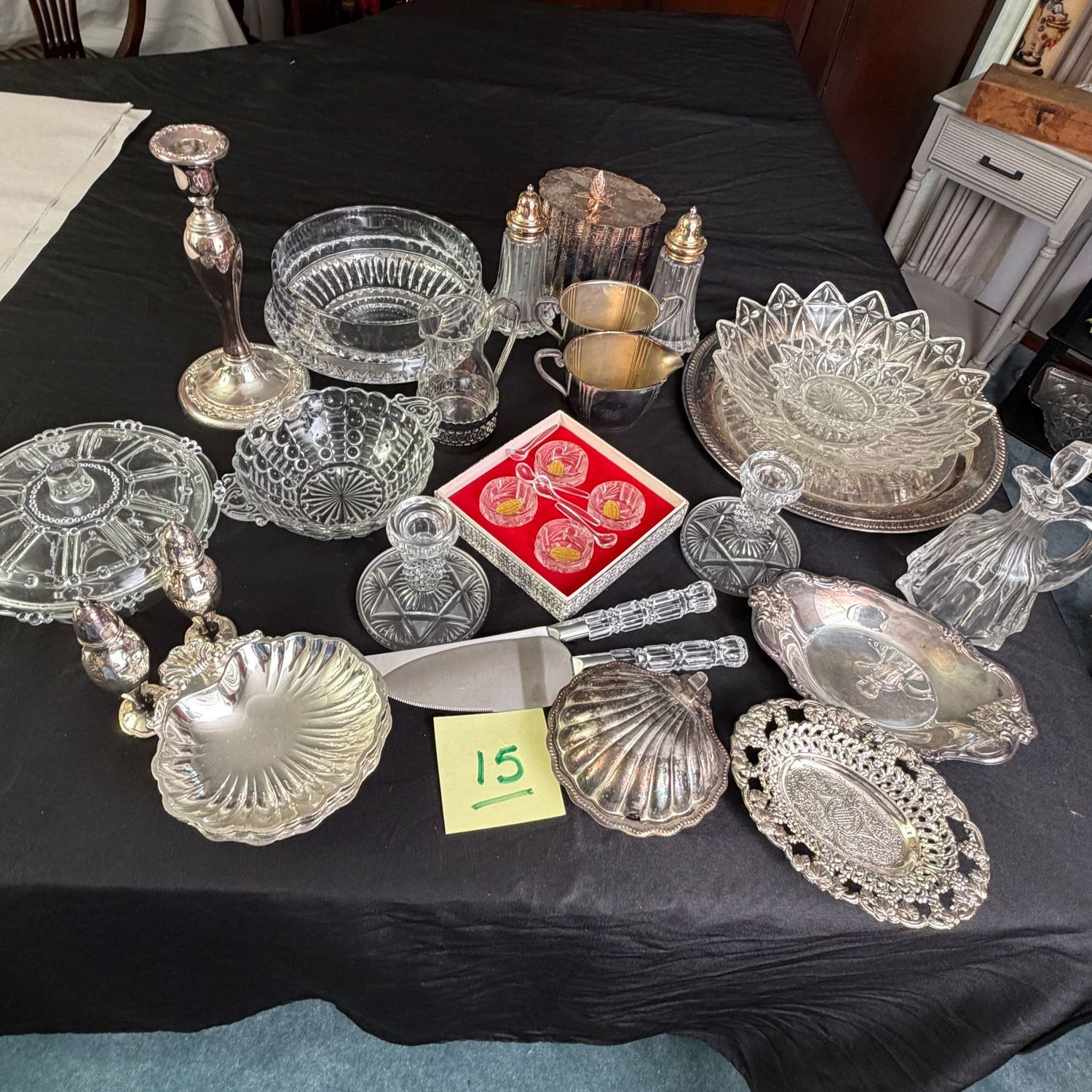 Box Lot (wrapped) #15, glass bowls, shakers, candlesticks, utensils, silver-plated dishes, sugar & creamer