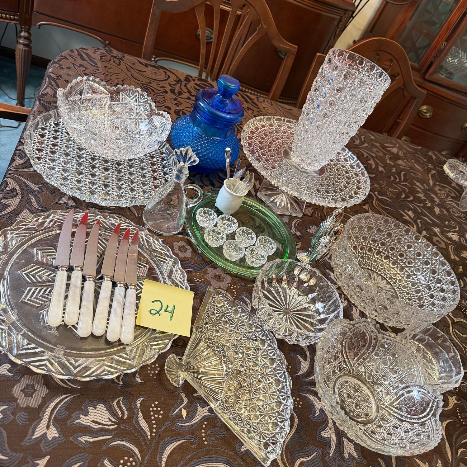 Box Lot (Wrapped) 24, vintage serving pieces including button & cane Box Lot (Wrapped) 24, vintage serving pieces including button & cane