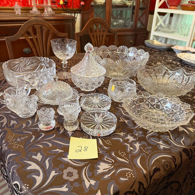 Box Lot (Wrapped) 28, pressed and cut glass & crystal bowls, sugar & creamer, toothpick, candle holders