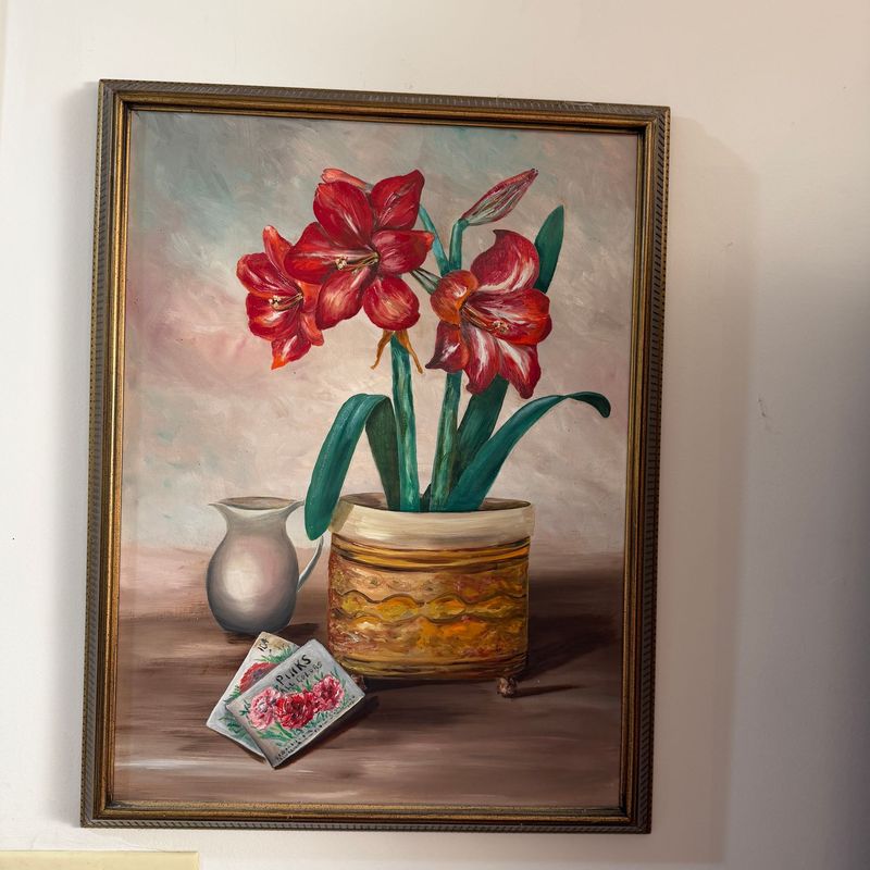 Large amaryllis still-life painting on canvas, Alberta Melton, (1905-2002), 26" x 20"