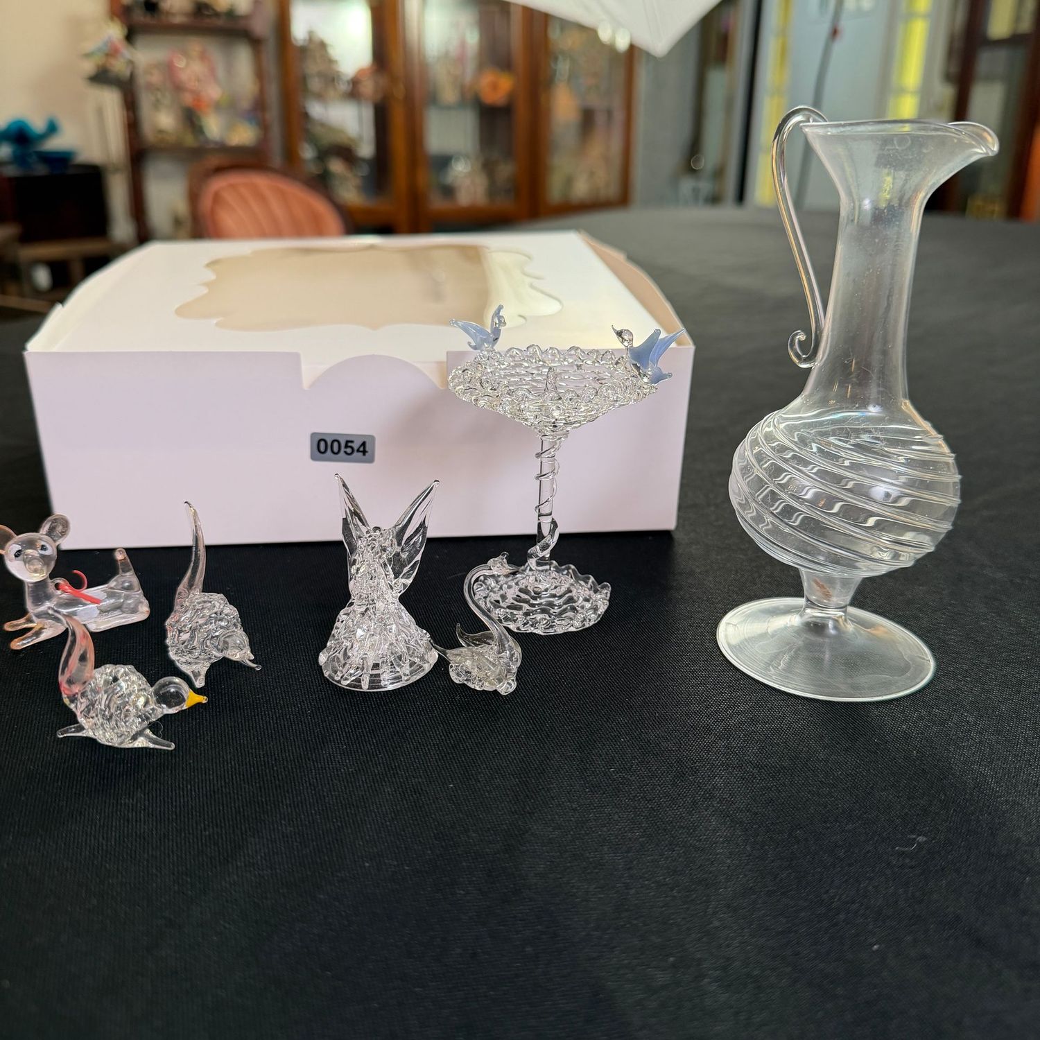 Spun glass 2-3 Spun glass 2-3" decorations, 4" blown pitcher S0054