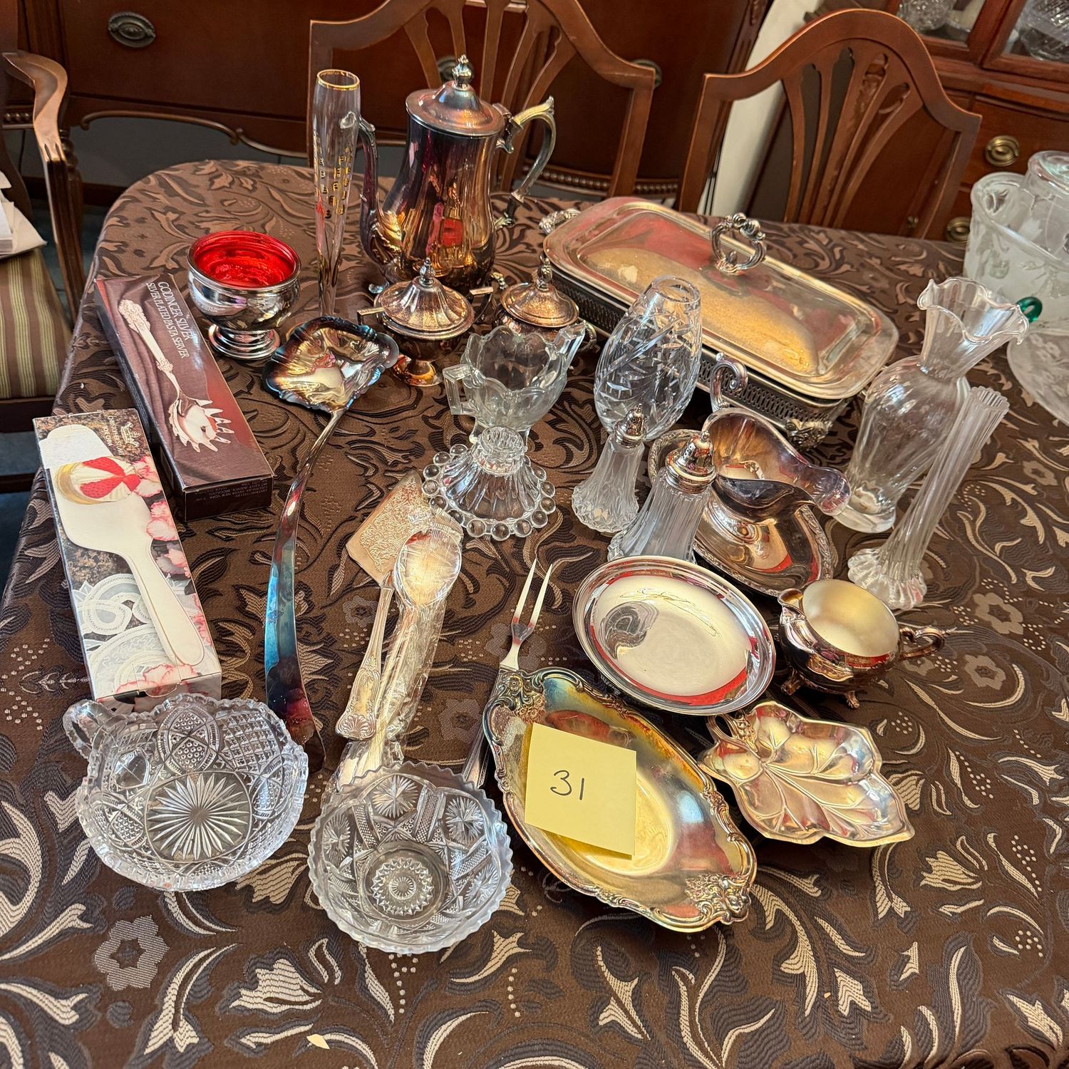 Box Lot (Wrapped) 31, silver-plated serving dishes, casserole, gravy, teapot, glass & crystal vases, bowls Box Lot (Wrapped) 31, silver-plated serving dishes, casserole, gravy, teapot, glass & crystal vases, bowls