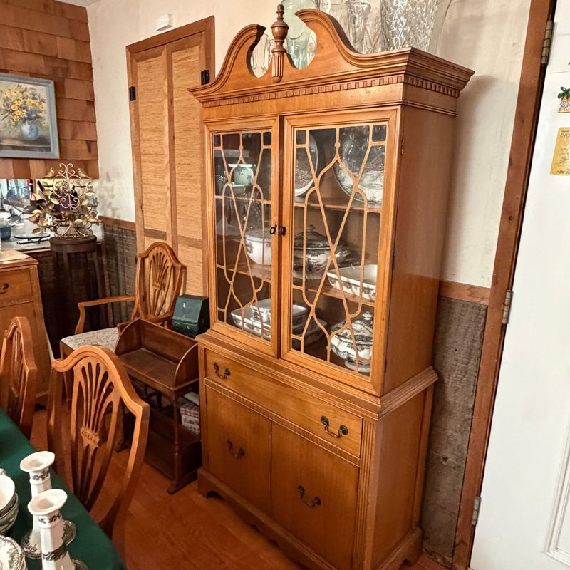 China cabinet, 1940s, ample display and storage, plate grooves, doors open & close easily, overall nice condition, minor spots or marks, appears to be one piece, 6'2"H x 16"D x 32"W
