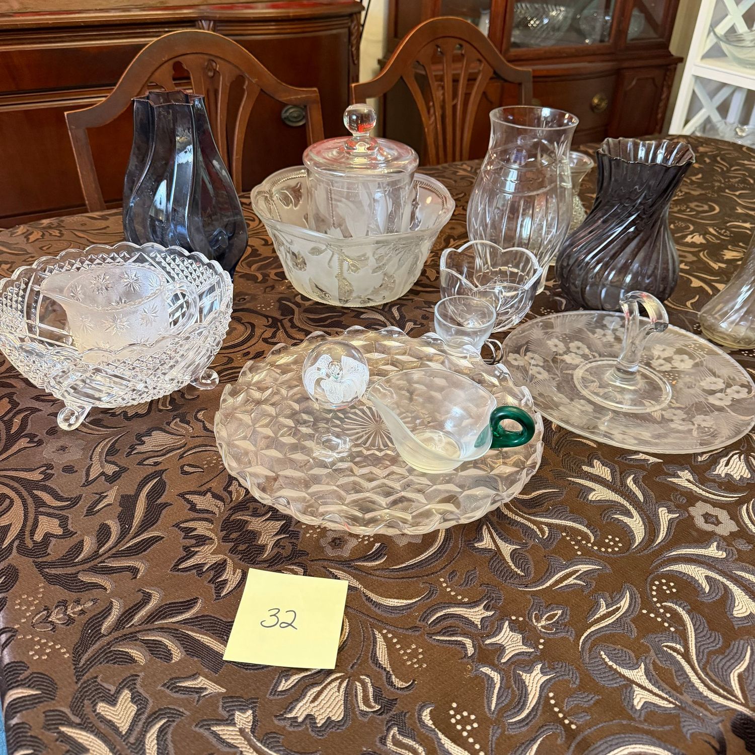 Box Lot (Wrapped) 32, vases, Fostoria tray, tidbit tray, crystal candle chimney, bowls Box Lot (Wrapped) 32, vases, Fostoria tray, tidbit tray, crystal candle chimney, bowls