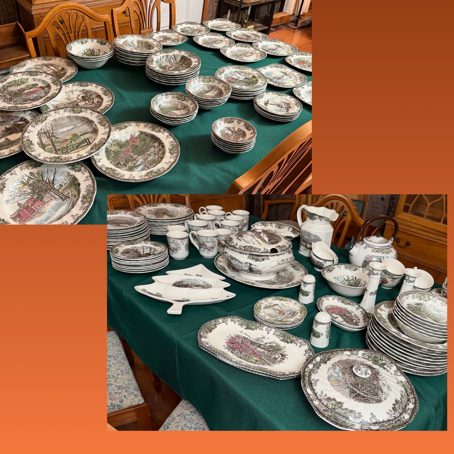 Large set of Johnson Bros. Friendly Village china, ample plates, bowls, and several serving pieces, including casserole, tea kettle, and large platter