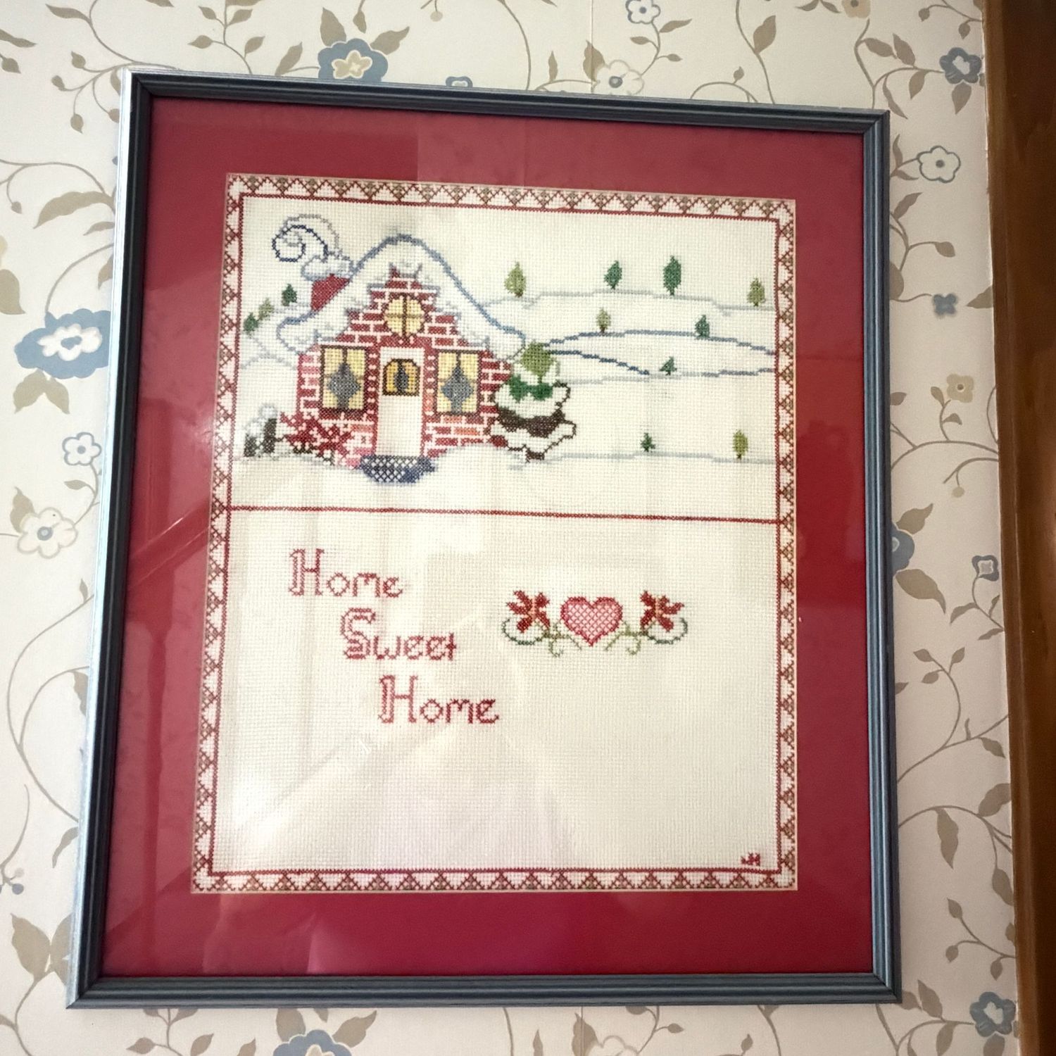 Framed home sweet home cross stitch, 21" x 19"