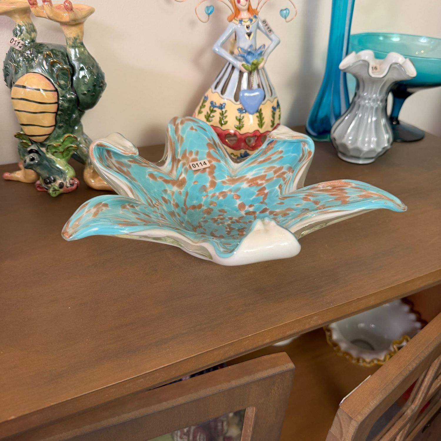 Blue confetti cased star Murano glass bowl, 10", S0114