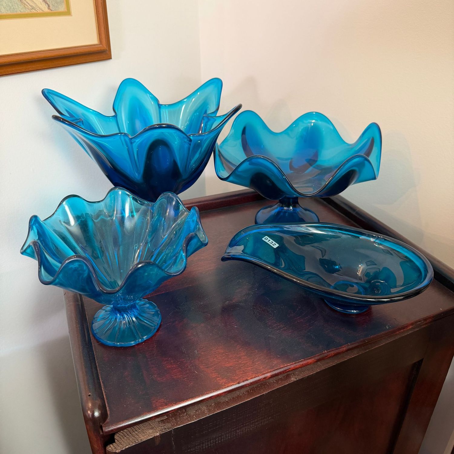 Grouping of vintage blue glass bowls, most from the Viking Epic line, the tallest is 8"H, S0132