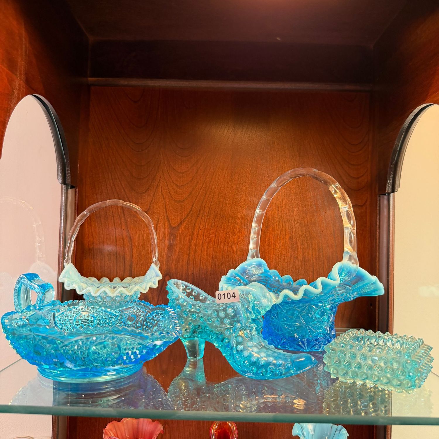 Grouping of vintage blue glassware, daisy & button, hobnail, opalescent, shoe, candy, baskets, the tallest is 8", S0104