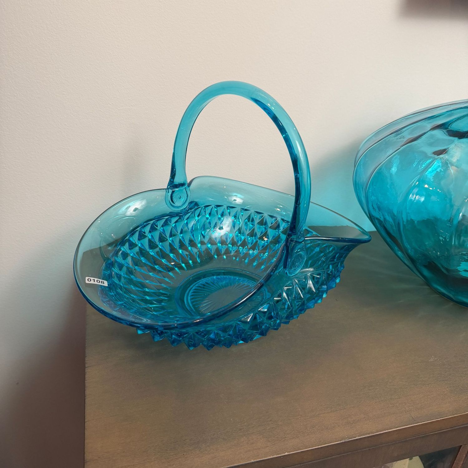 Blue Indiana Glass Tiara diamond point basket, 14"W, S0108