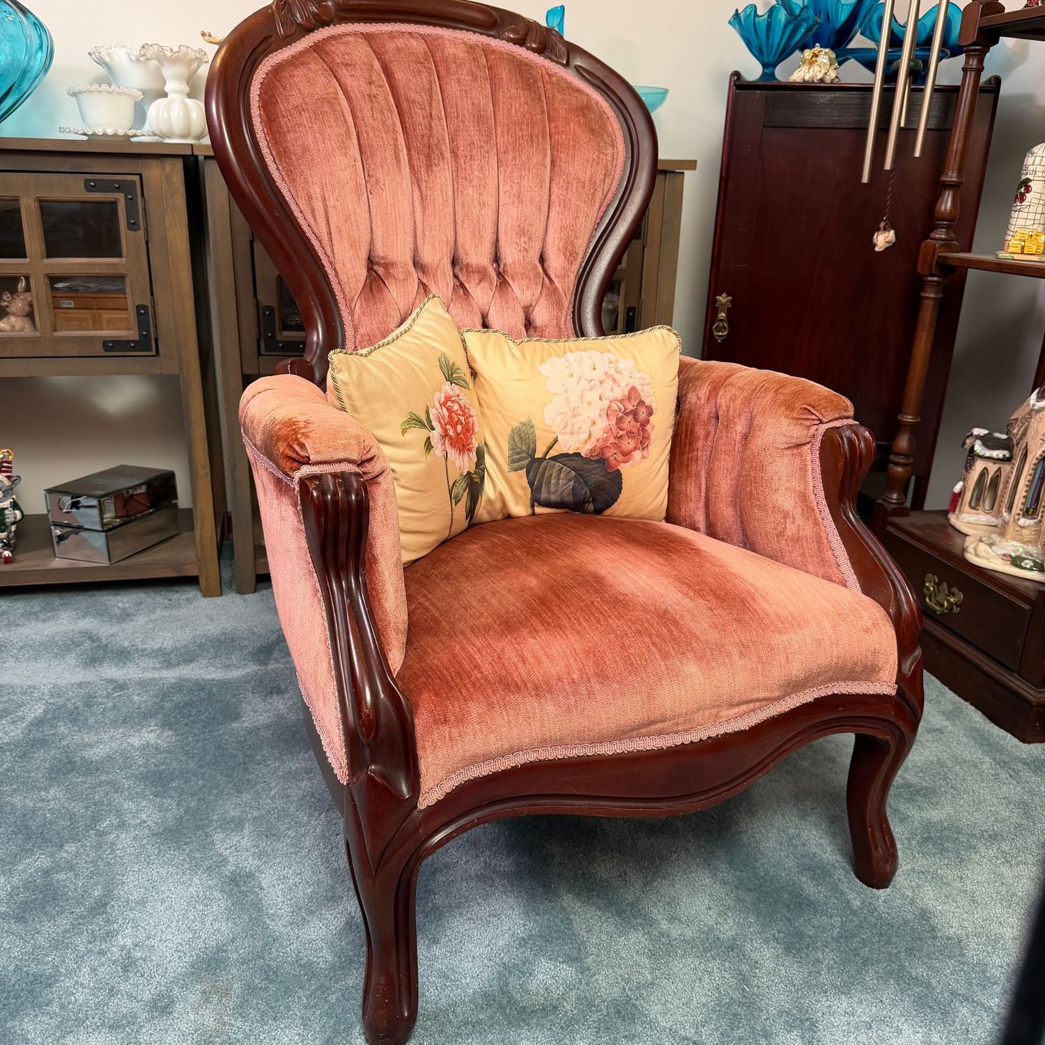 Vintage Kimball Reproduction Victorian high-back armchair, overall in nice condition, sturdy, rose velvet upholstery, 42"H x 24"W