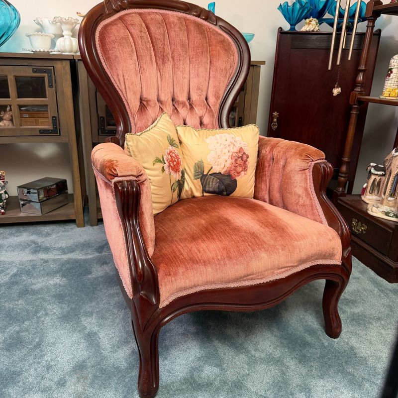 Vintage Kimball Reproduction Victorian high-back armchair, overall in nice condition, sturdy, rose velvet upholstery, 42"H x 24"W