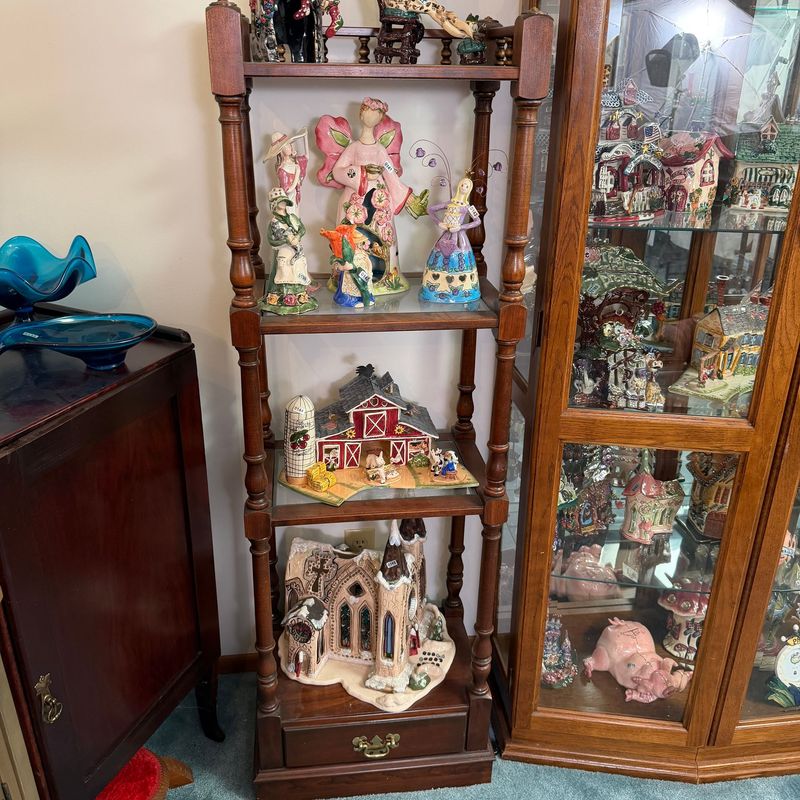 Pennsylvania House tall stand with glass shelves, lower drawer, nice condition,  56"H x 19"W x 14"D