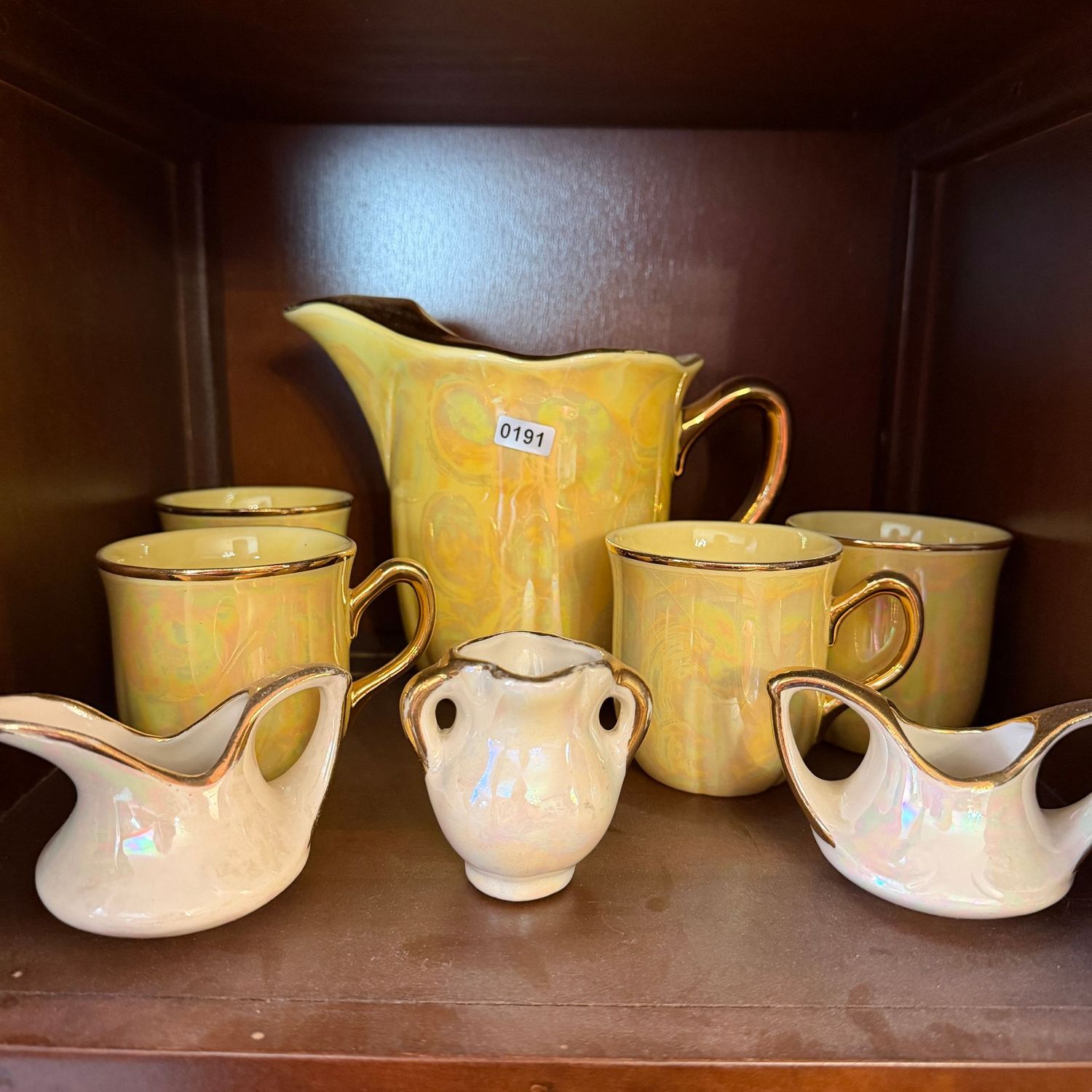 Yellow and ivory iridescent ceramic 6 Yellow and ivory iridescent ceramic 6"pitcher, mugs, sugar, creamer, vase, S0190