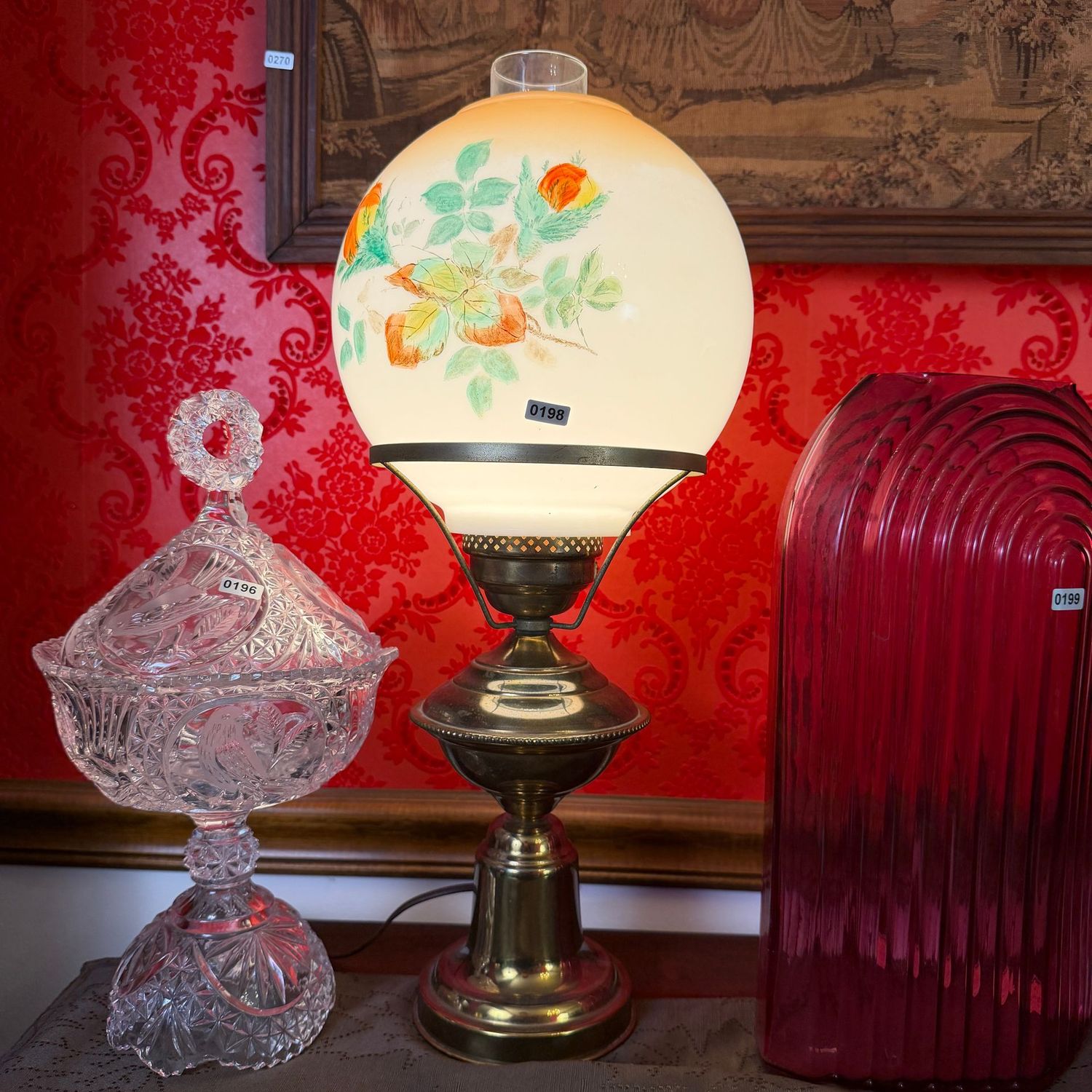 Electric brass lamp with hand-painted globe, 19"H, S0198