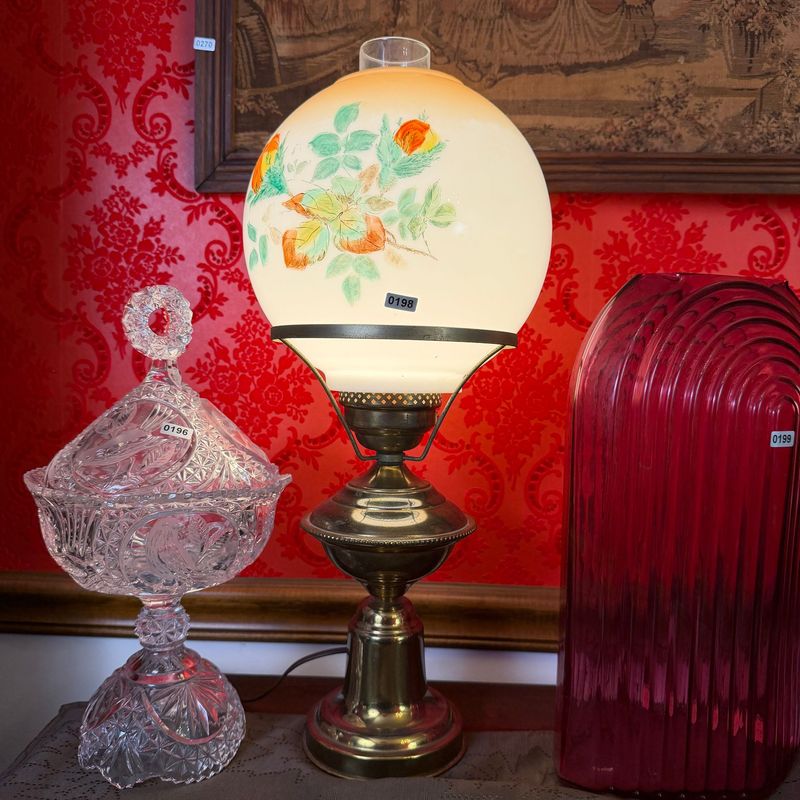 Electric brass lamp with hand-painted globe, 19"H, S0198