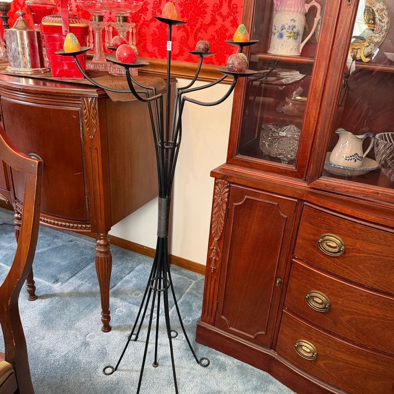 Black metal candle stand with sugared fruit candles, 36"H x 18"W, S0207
