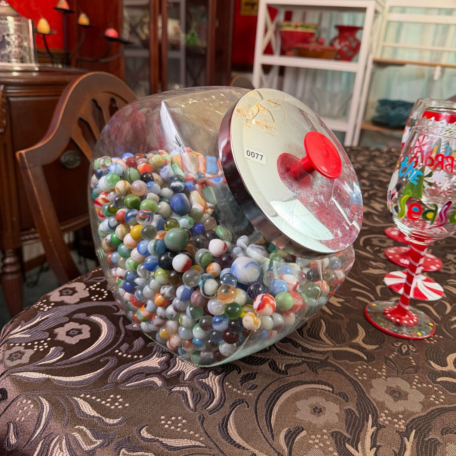 Large glass canister of vintage marbles, 9"H, S0077