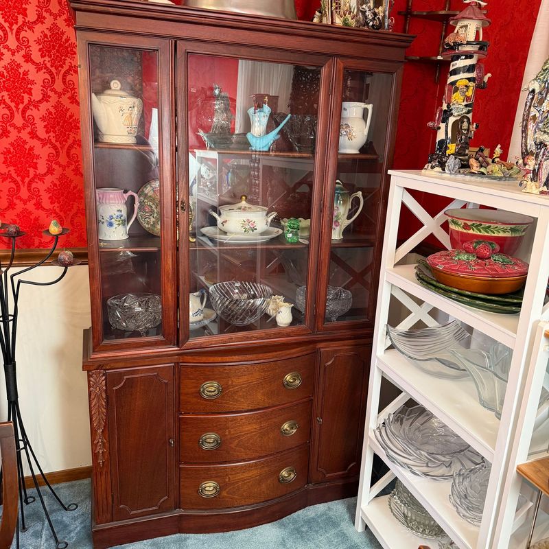 Antique J.B. Van Sciver china cabinet ca. 1910, bowed front drawers, brass pulls, acanthus and fluted sides, minor wear and scratches, (appears to be 1-piece) 70"H x 44"W x 16"D