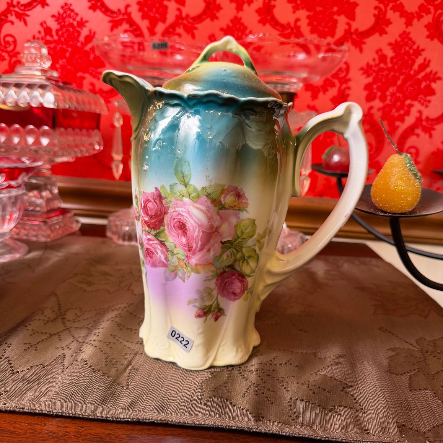 Austrian porcelain pink rose coffee/chocolate pot, 9"H, S0222
