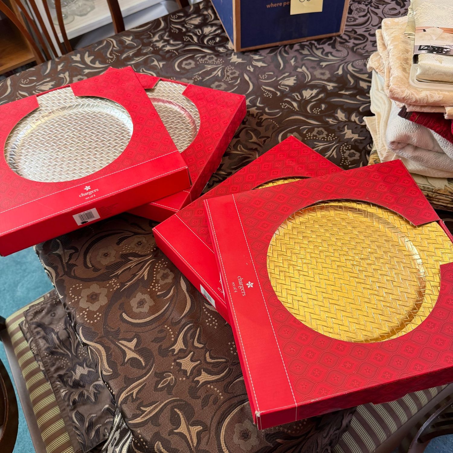 Two sets of 8, gold and silver herringbone pattern plastic chargers, S0273