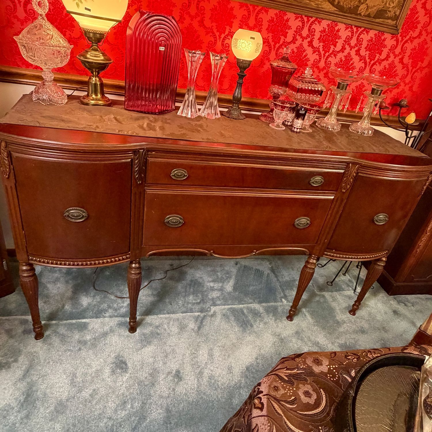 Antique buffet/server by J.B. Van Sciver, ca 1910, acanthus leaf and fluted legs, brass pulls, minor scratches, drawers and doors open easily, 36"H x 66"L x 21"D