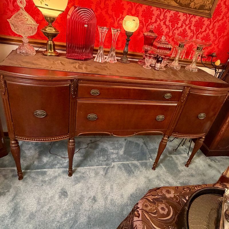 Antique buffet/server by J.B. Van Sciver, ca 1910, acanthus leaf and fluted legs, brass pulls, minor scratches, drawers and doors open easily, 36"H x 66"L x 21"D