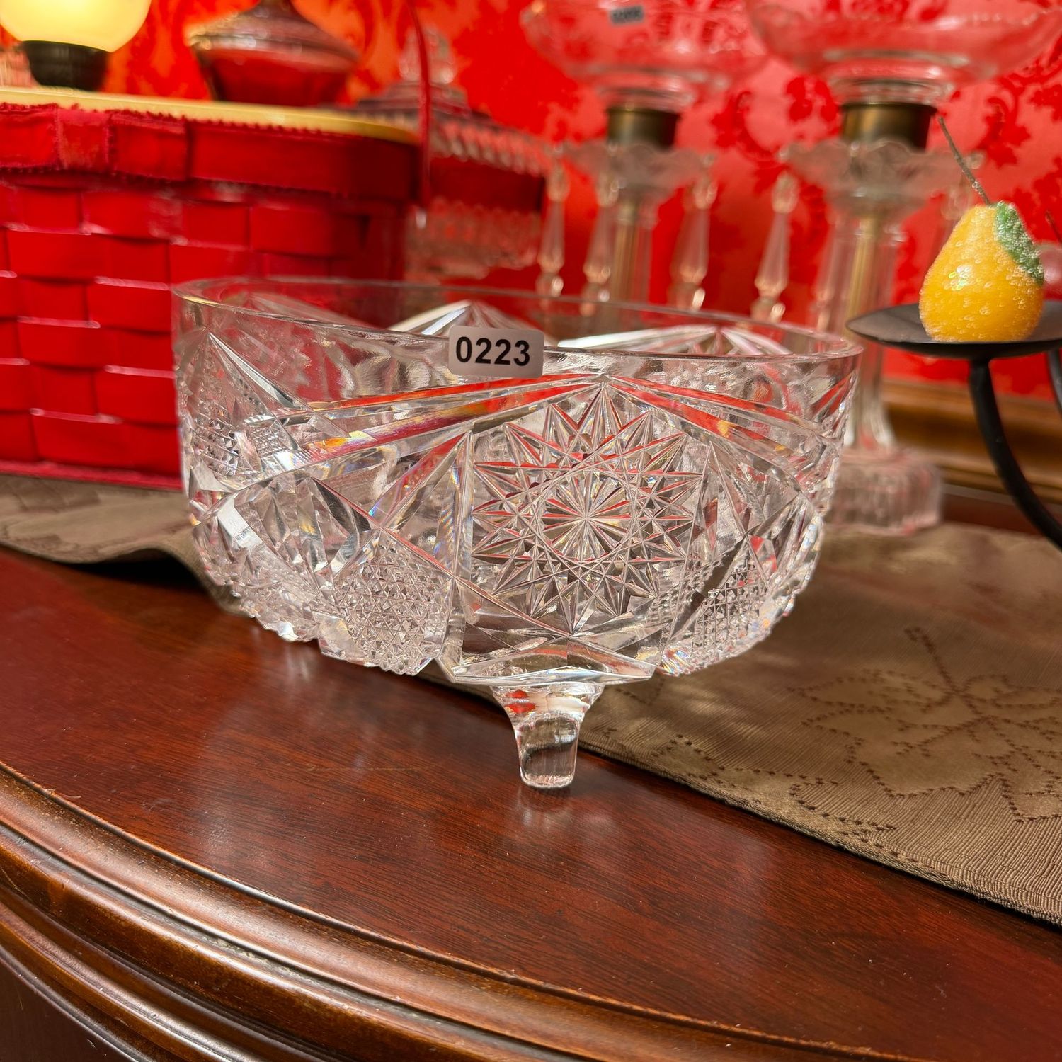 Three-footed cut lead crystal bowl, 8"W, S0223