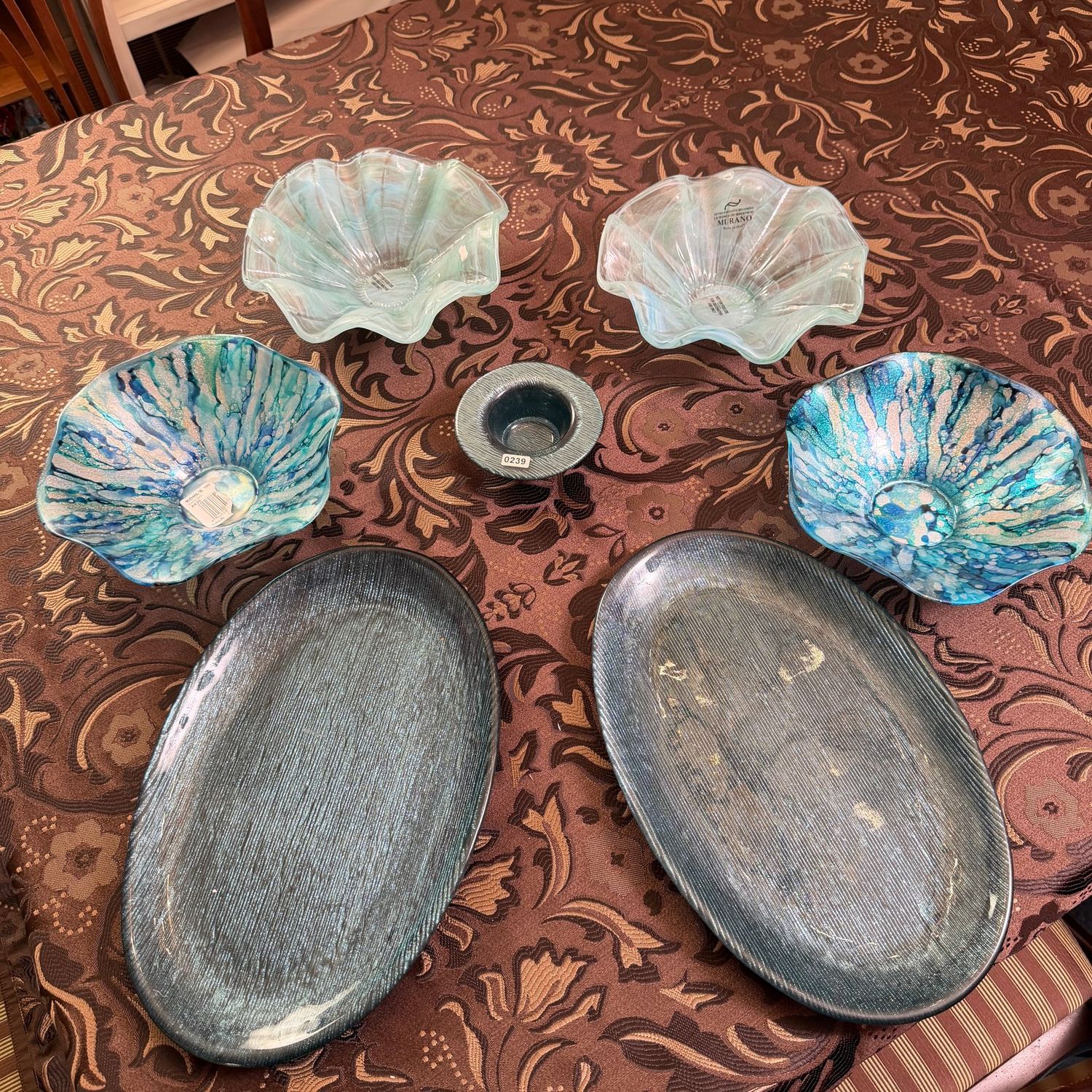 Group of iridescent blue bowls, Murano bowls, votive, 13" platters, some have a glittered coating underneath, S0239