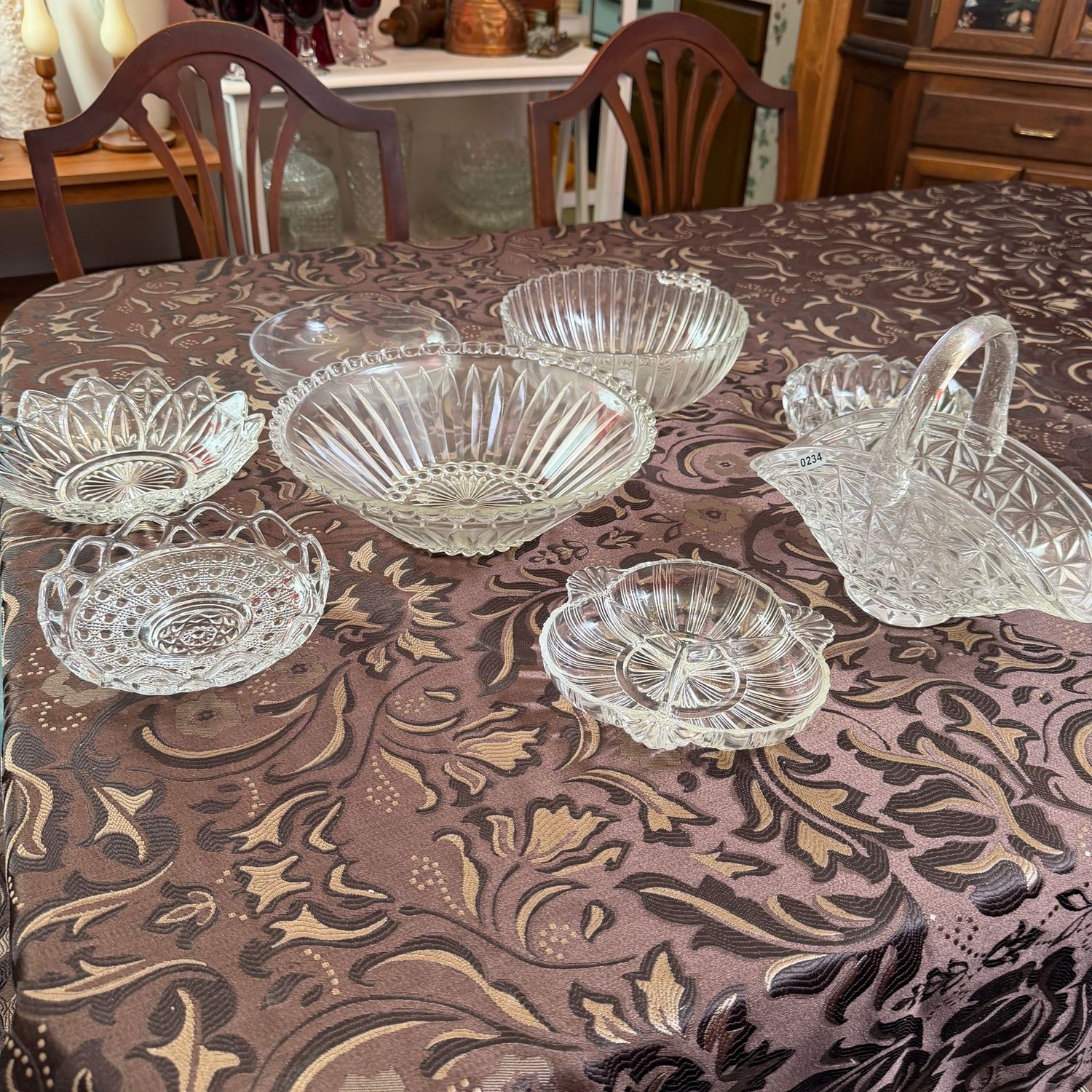 Group of vintage pressed basket and bowls, the largest is 11'W, S0234 Group of vintage pressed basket and bowls, the largest is 11'W, S0234