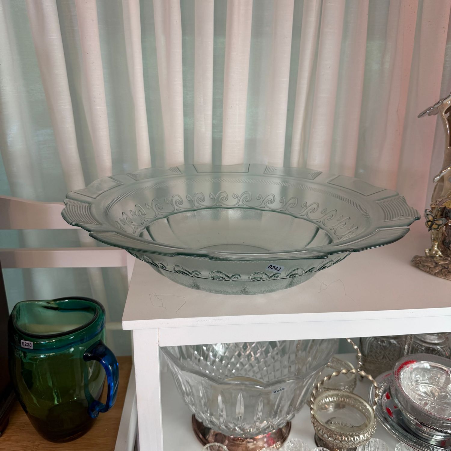 Large pale green glass fruit/centerpiece bowl, 17"W, S0243