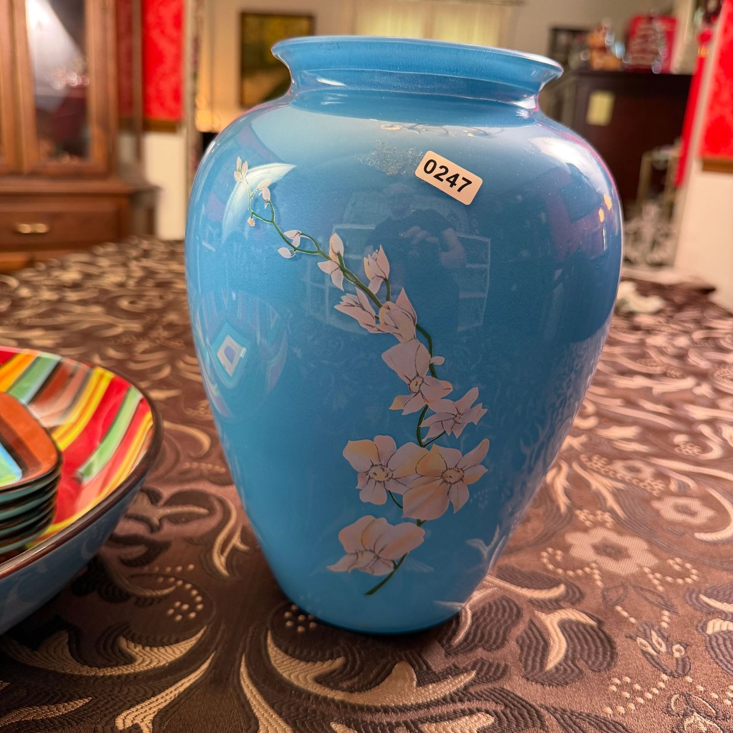 Vintage blue painted glass blossom vase, 9"H, S0247