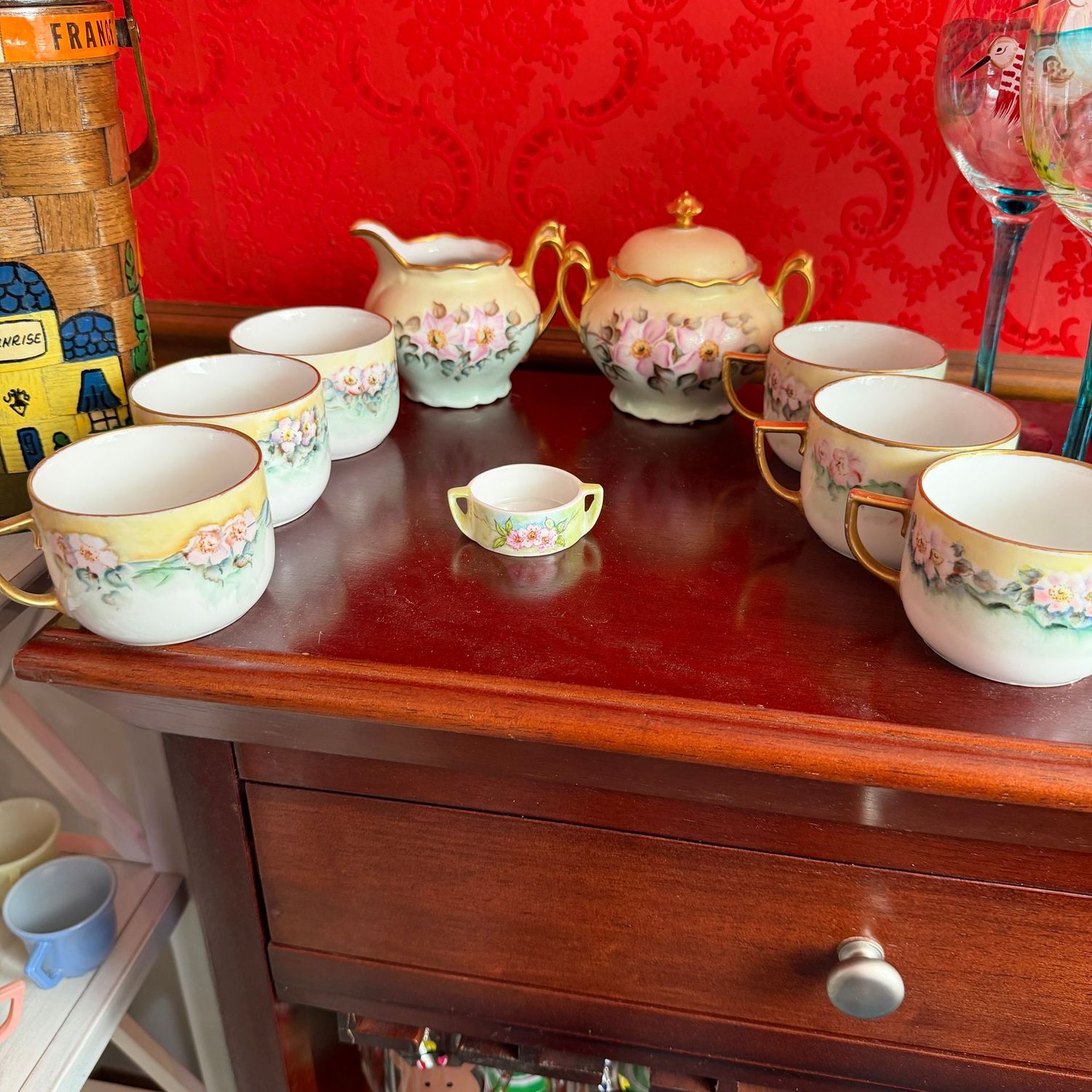Vintage German floral porcelain sugar, creamer, teacups, S0260 Vintage German floral porcelain sugar, creamer, teacups, S0260