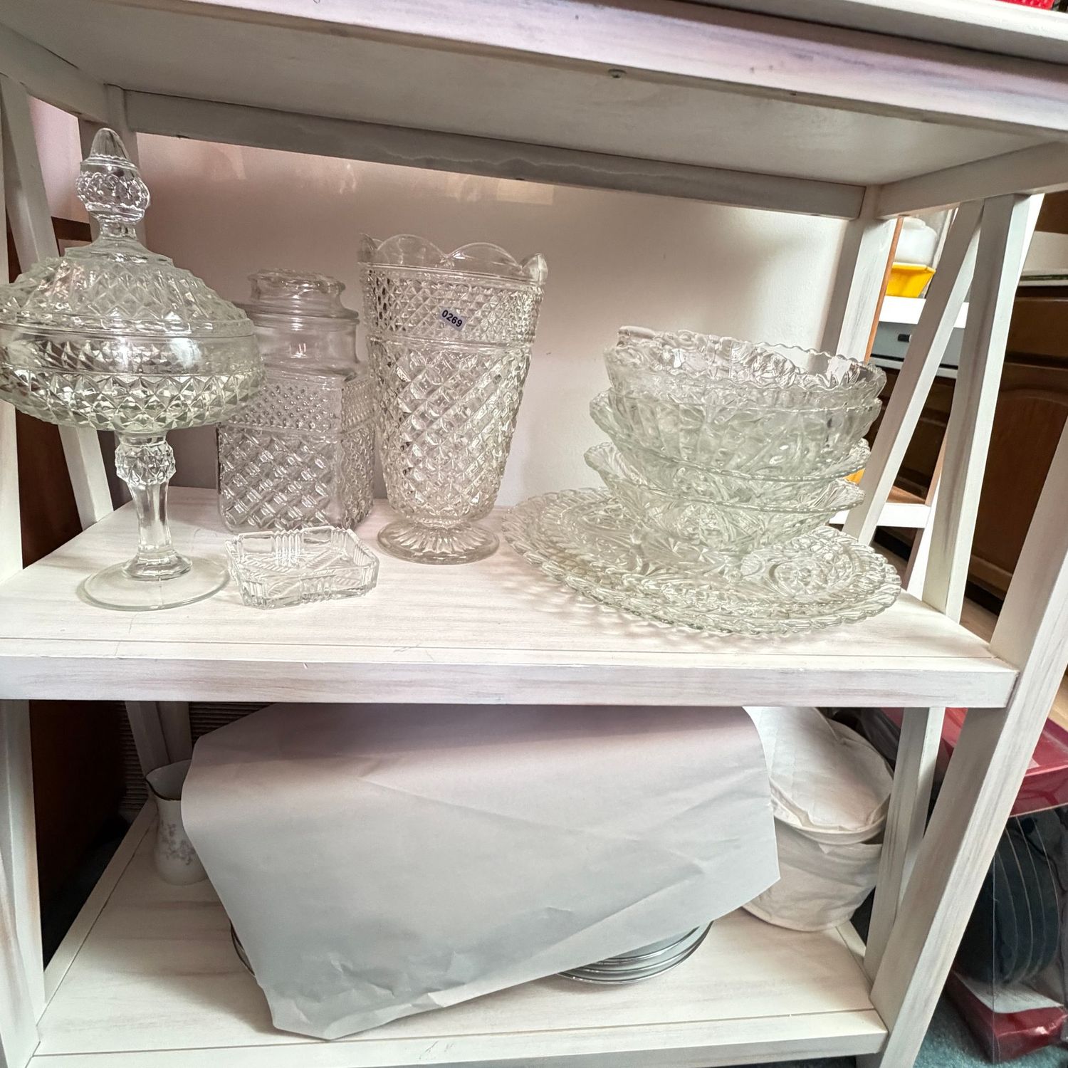 Group of vintage glassware compote, bowls, and pitcher, mostly Anchor Hocking Wexford pattern, S0269 Group of vintage glassware compote, bowls, and pitcher, mostly Anchor Hocking Wexford pattern, S0269