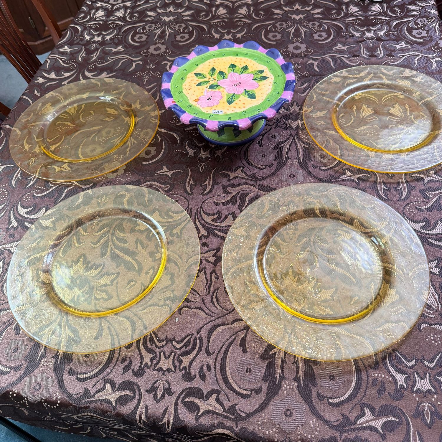 Milson & Louis dessert pedestal and four yellow Artland (Germany) 13 Milson & Louis dessert pedestal and four yellow Artland (Germany) 13" glass chargers, S0249