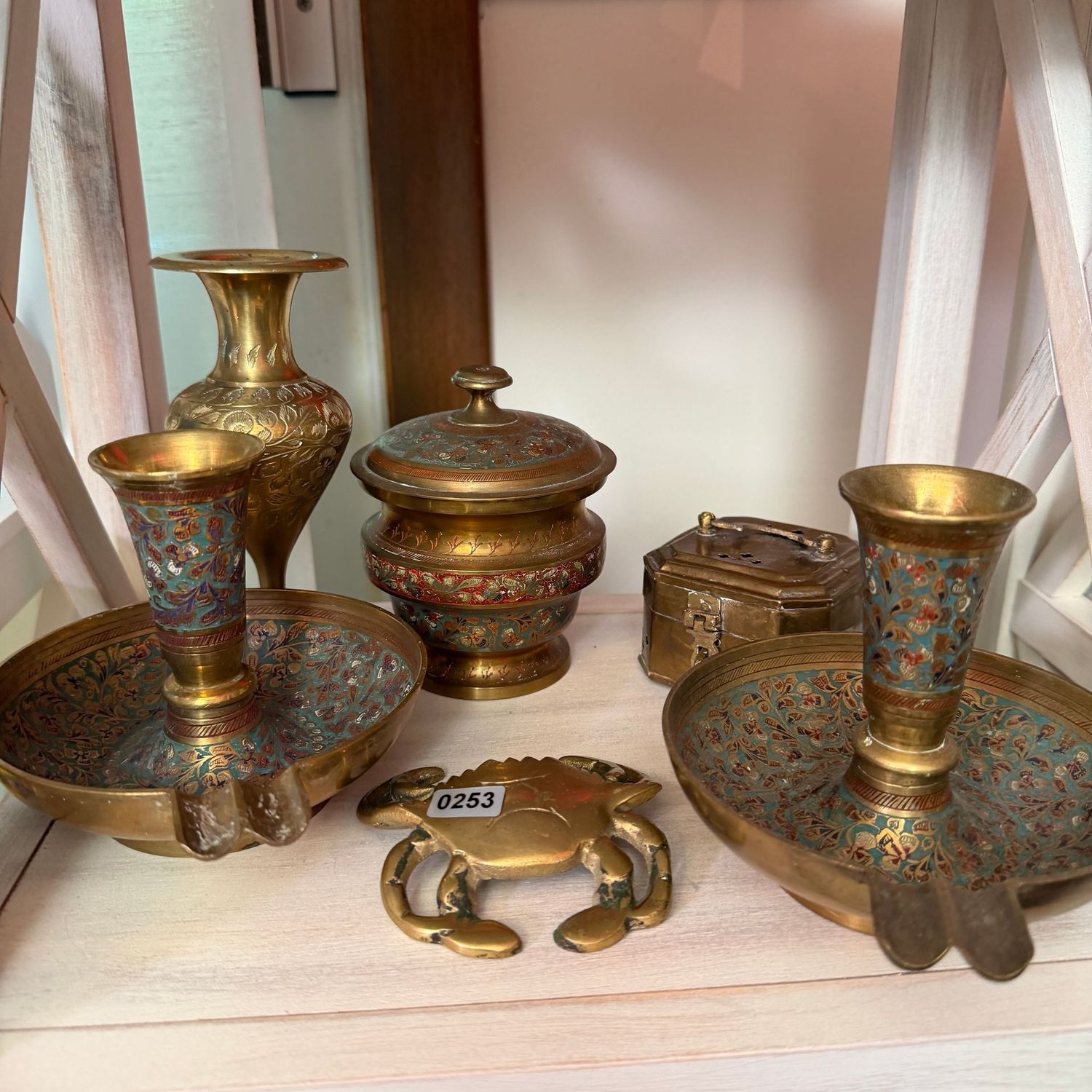 Group of vintage enameled brass candlesticks, crab, vase, jar & box, S0253
