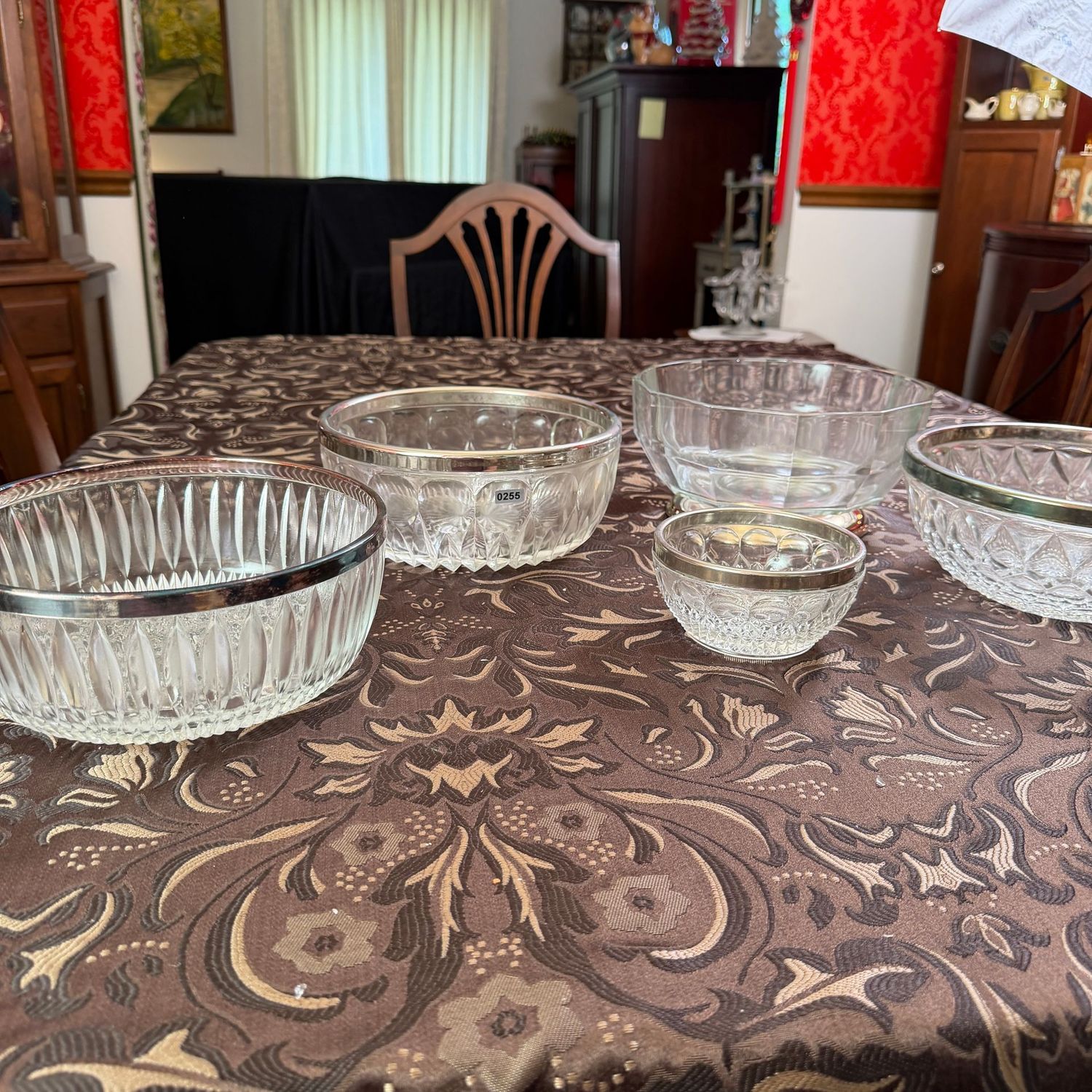 Group of vintage serving bowls with silver-plated rings/bases, the largest is 9"W, S0255