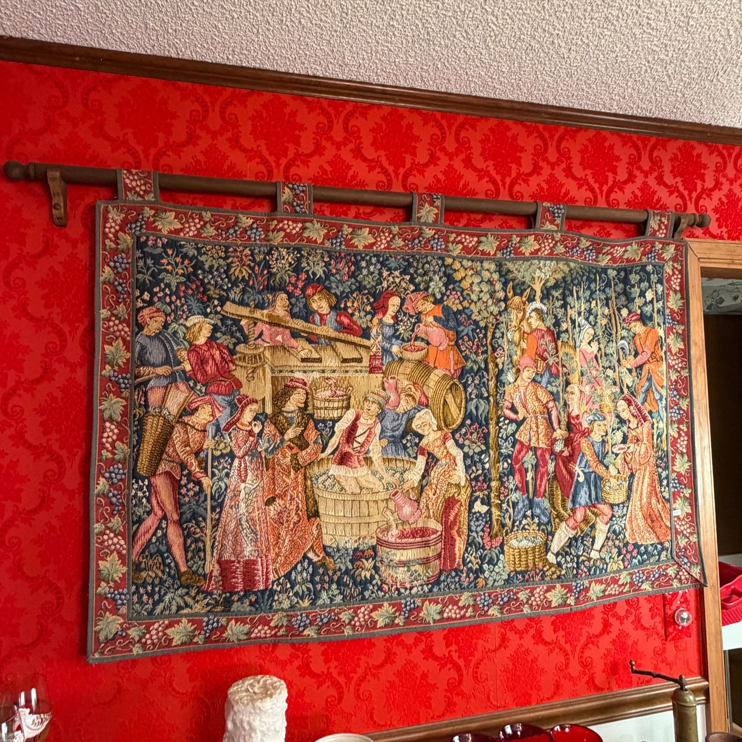 Large medieval grape harvest tapestry, lined, with display bar,  62"L x 36"H, S0267