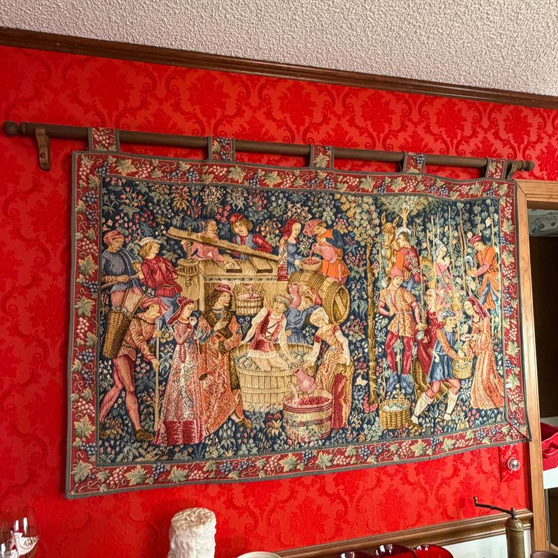 Large medieval grape harvest tapestry, lined, with display bar,  62"L x 36"H, S0267
