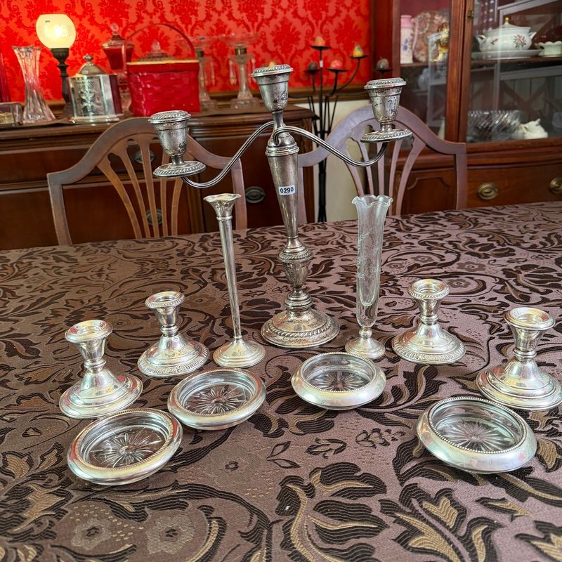 Sterling silver candelabra, bud vases, weighted candlesticks, coasters, S0290