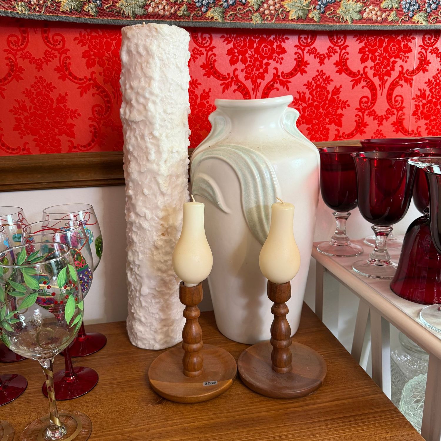 Wooden candle holders, vintage white ceramic vase, and 19” tall pillar candle, S0265