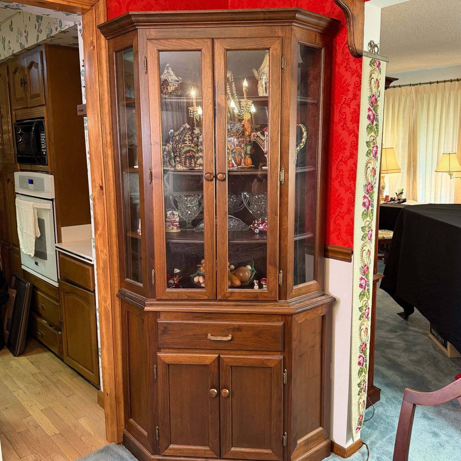 Tall corner cabinet with ample glass display area, lovely condition, 2 pieces, drawer, and lower cupboard space, 6'6"H x 40"W, approx. 25"D