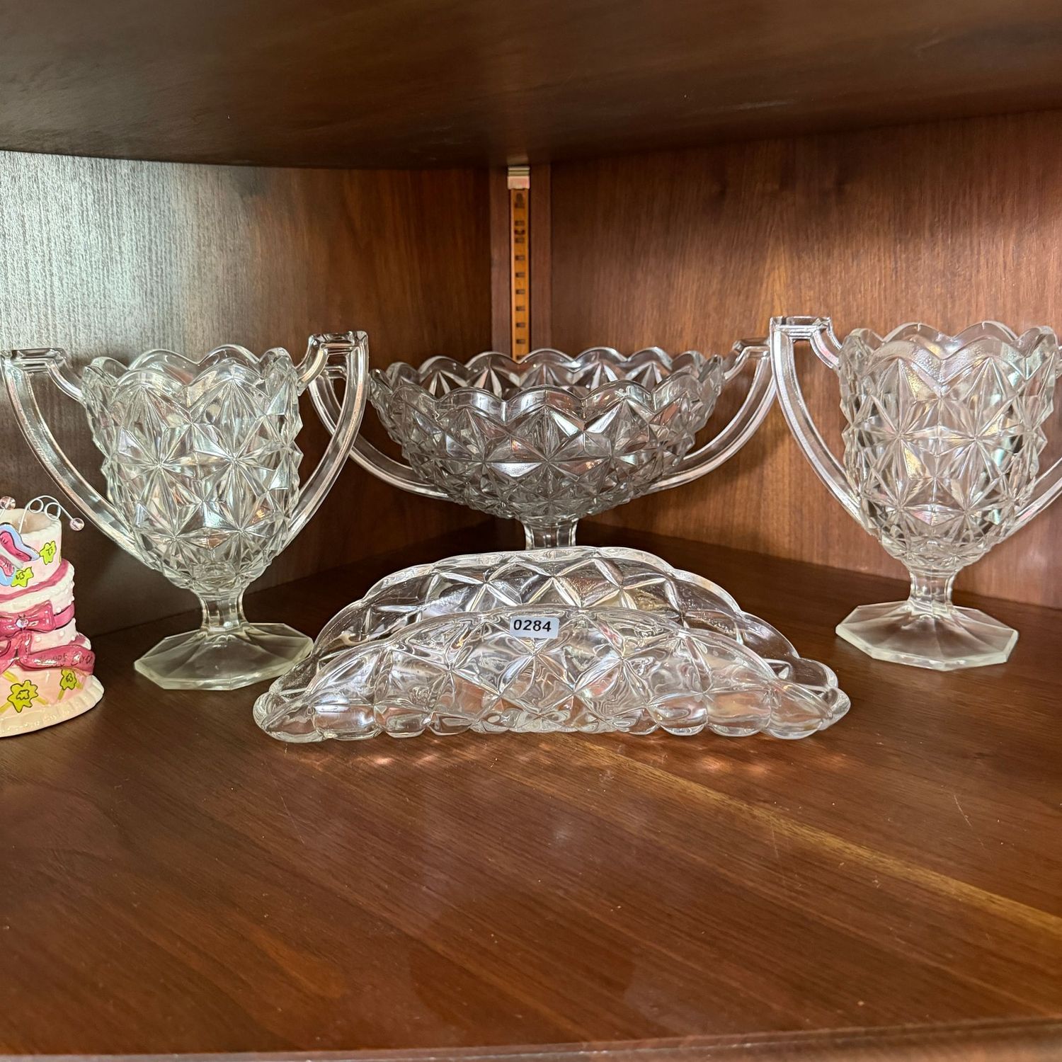 Tiffin-Franciscian Williamsburg elegant pressed glass celery/spooners trophy bowl (11"W), bonbon, S0284
