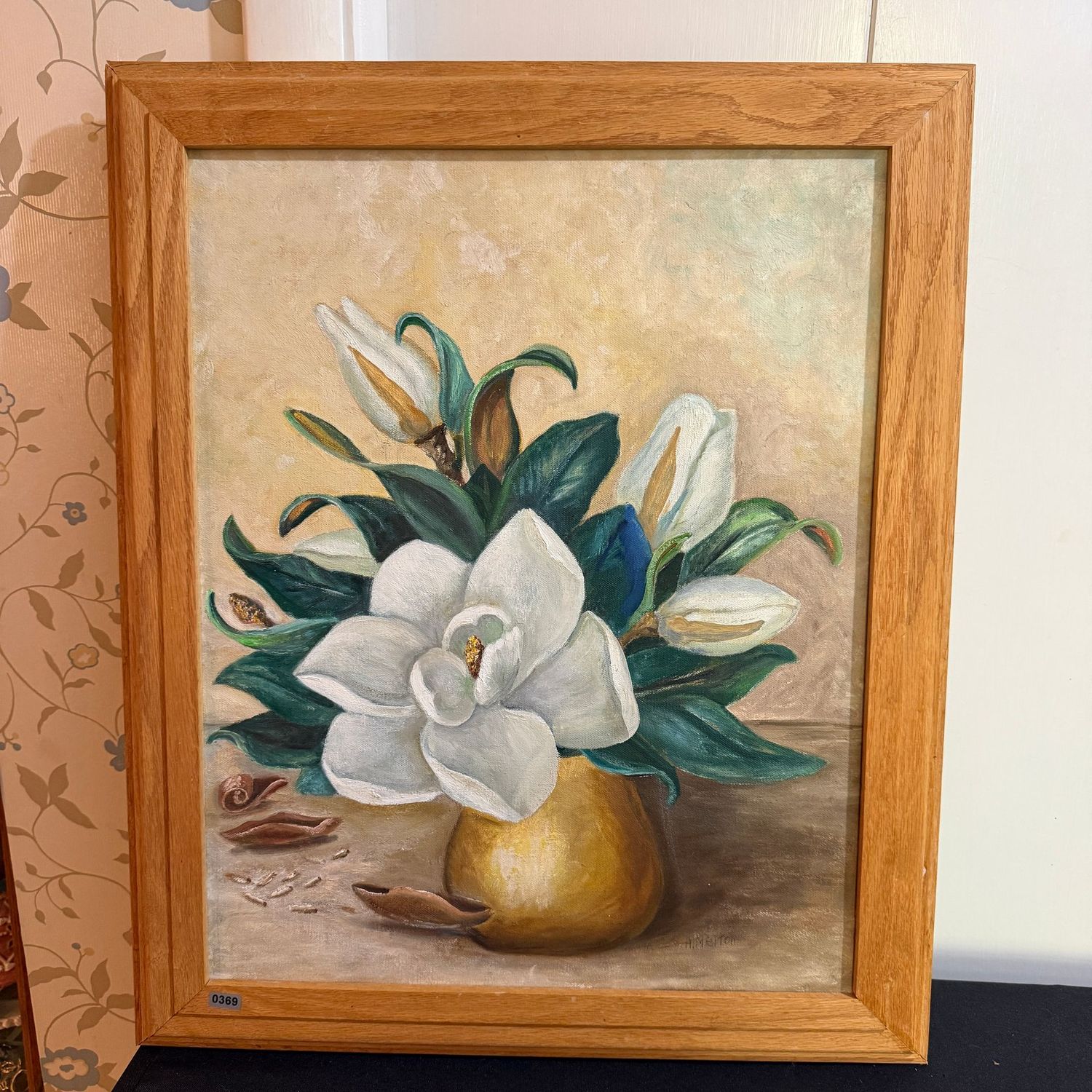 White magnolia bouquet still life painting on canvas by Alberta Melton, 22" x 19", S0369