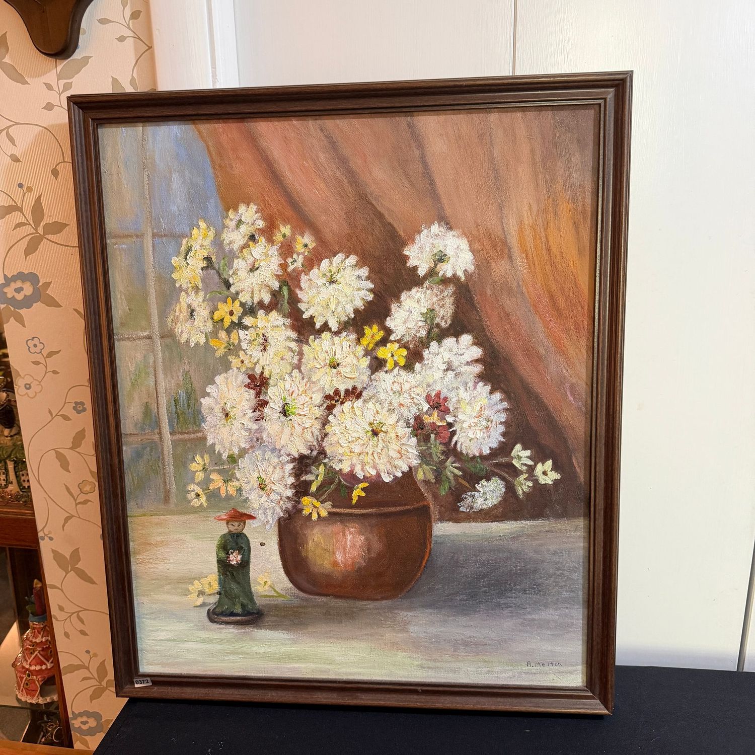 Large still life painting on canvas by Alberta Melton, Chrysanthemum bouquet in copper pot with small Chinese figurine below, 26 Large still life painting on canvas by Alberta Melton, Chrysanthemum bouquet in copper pot with small Chinese figurine below, 26" x 21", S0372