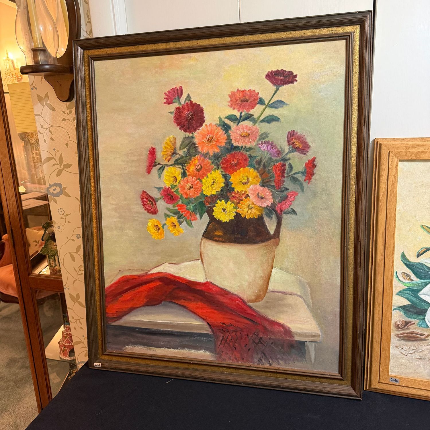 Large original still life painting on canvas by Alberta Melton, colorful flowers in brown and tan jug, red scarf draped over table, 33 Large original still life painting on canvas by Alberta Melton, colorful flowers in brown and tan jug, red scarf draped over table, 33" x 27", S0368
