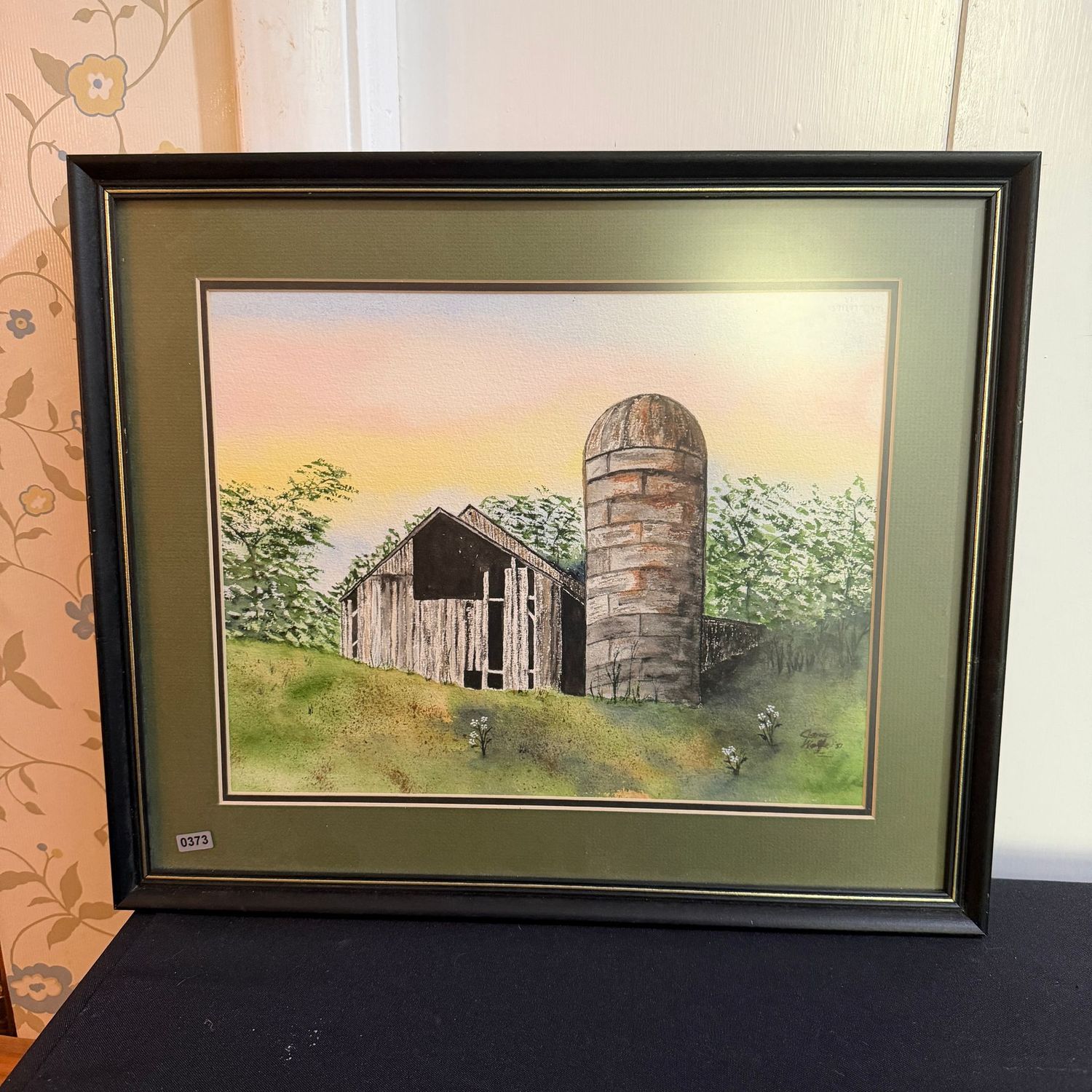 Framed barn and stone silo watercolor landscape by James Wolfe, 16 Framed barn and stone silo watercolor landscape by James Wolfe, 16" x 18", S0373