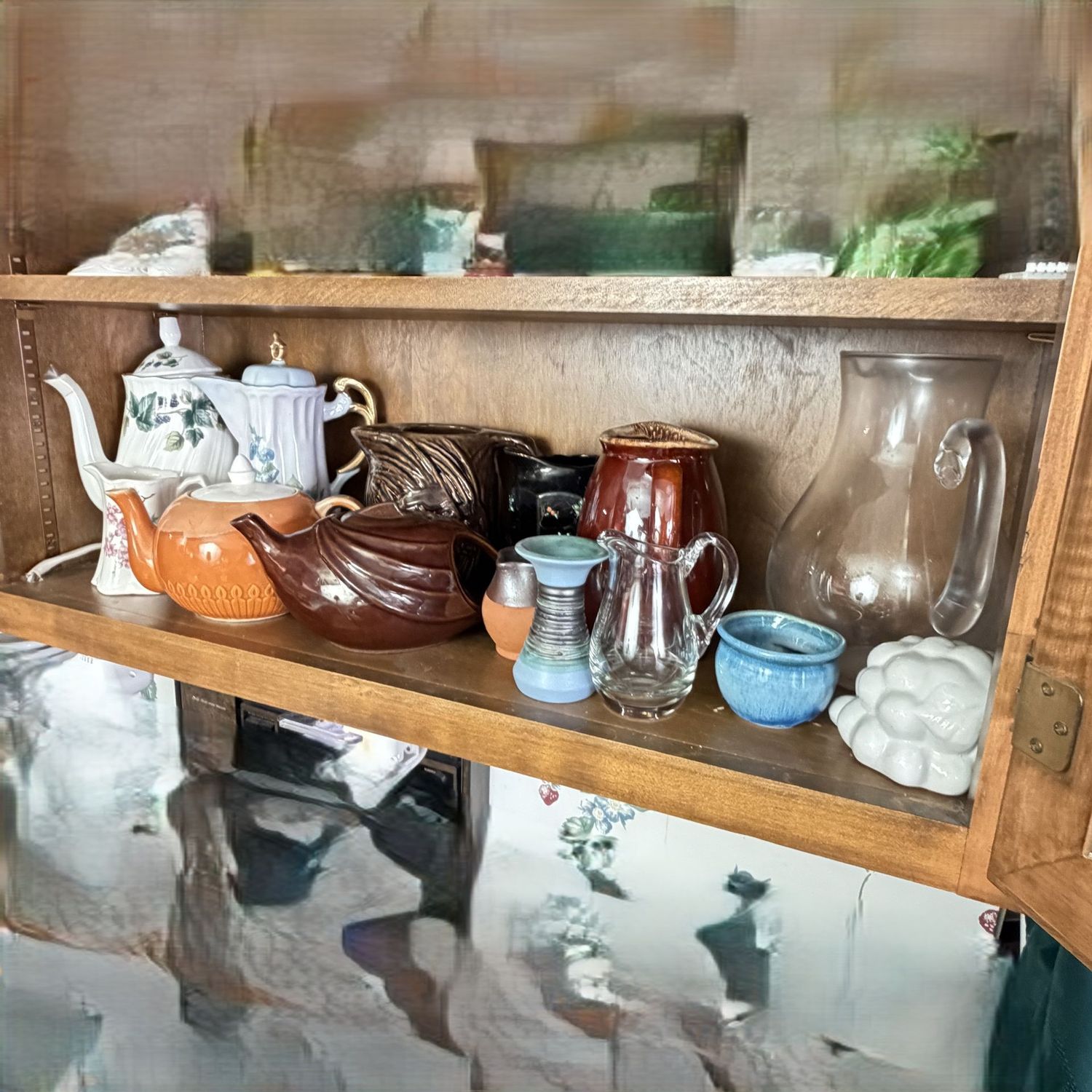 Shelf 3, Group of vintage teapots, pitchers, S0350 Shelf 3, Group of vintage teapots, pitchers, S0350