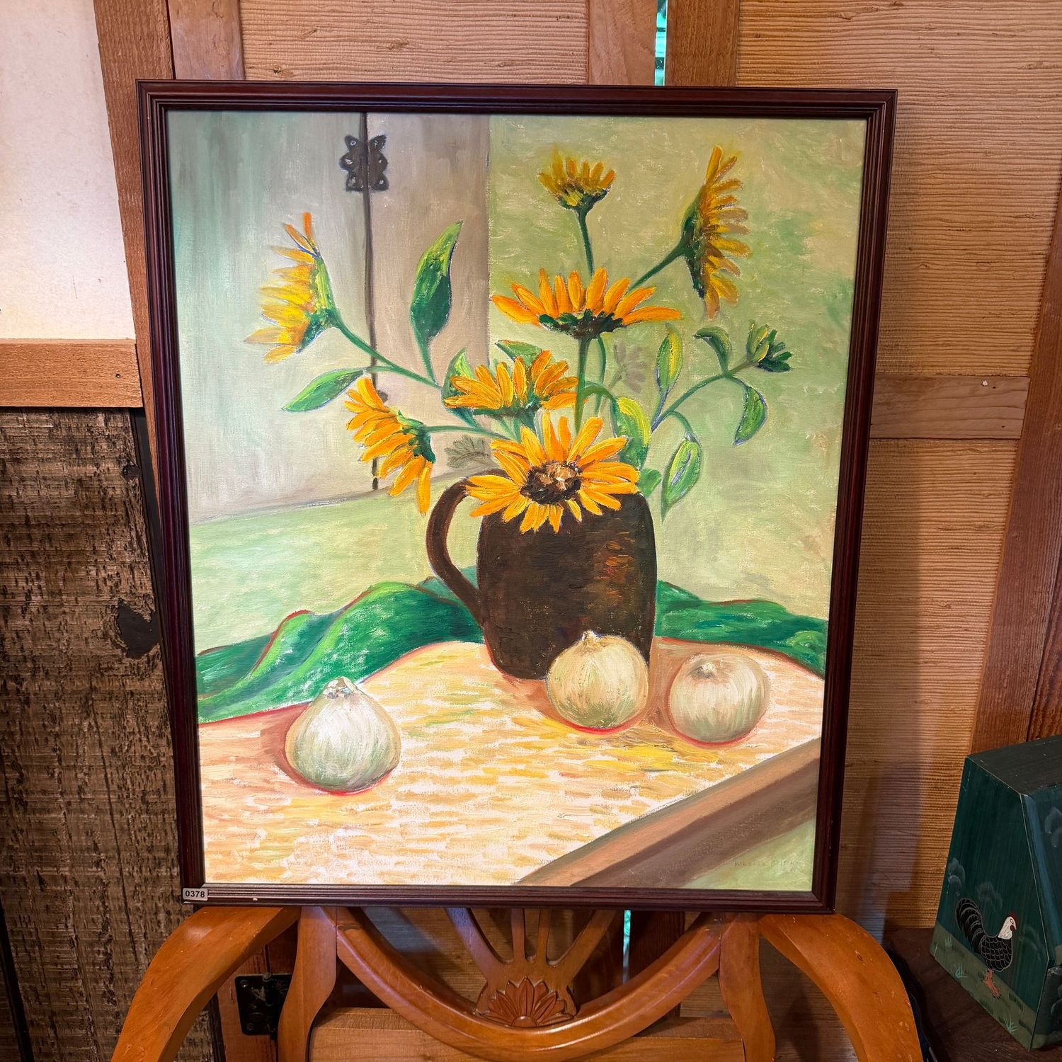 Original still life painting on canvas by a. Melton, small sunflowers in a brown jug with onions, 25 Original still life painting on canvas by a. Melton, small sunflowers in a brown jug with onions, 25" x 21"S0378